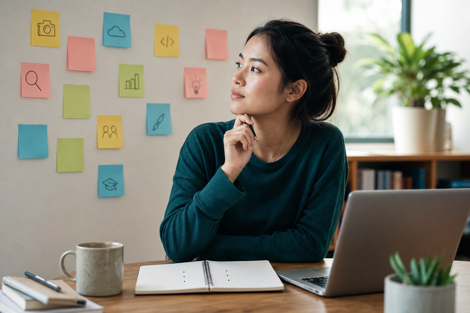 Person at a desk comparing career options on sticky notes and a notebook, soft window light, editorial careers photography