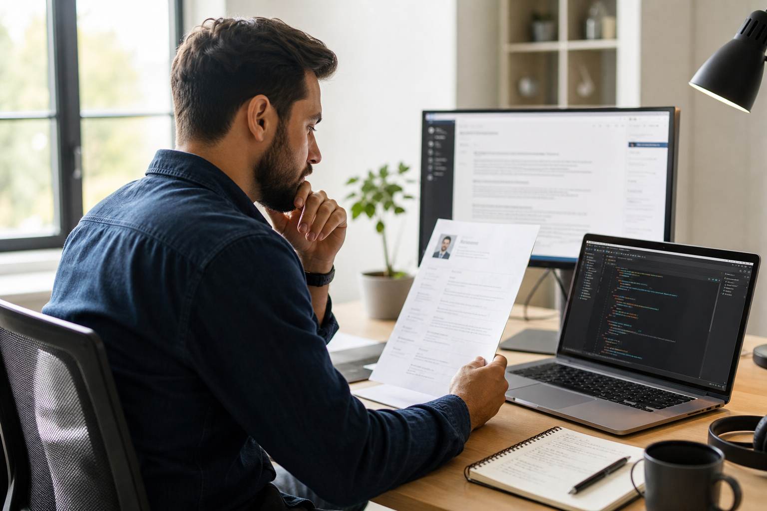 Software developer reviewing a resume at a desk with laptop and code editor, editorial careers photography